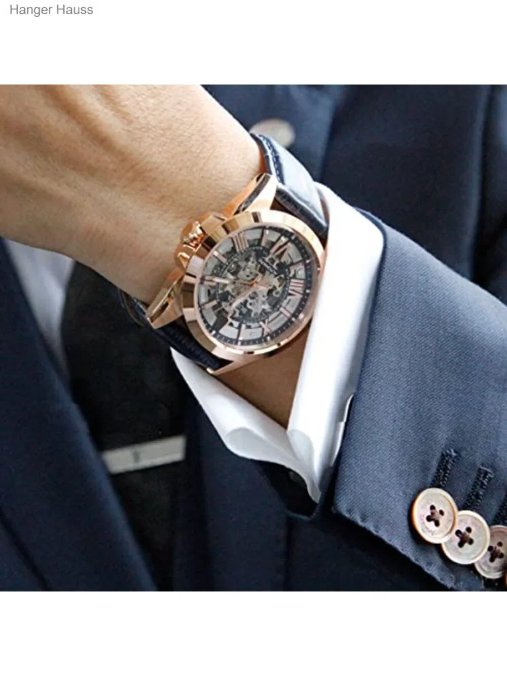 Men's Automatic Skeleton Watch 43mm Rose Gold Stainless Steel Leather Strap 100M